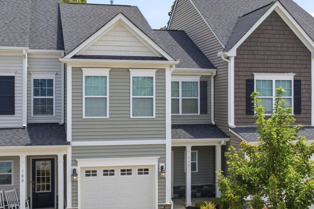 Front exterior and garage of the Garner, NC townhouse rental (unfurnished, 12-month lease)