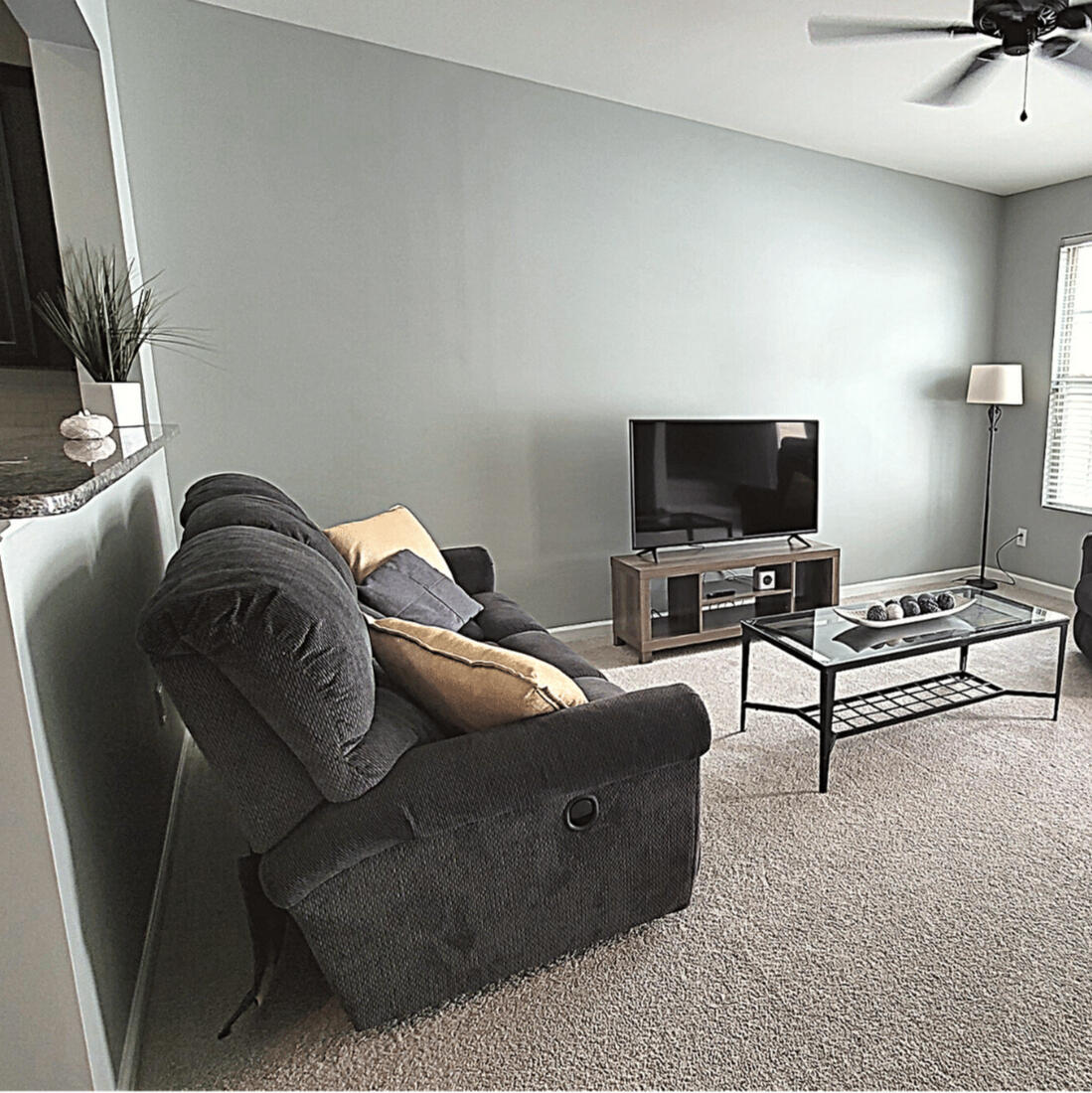 Furnished living room with TV and ceiling fan in the Wake Forest rental home